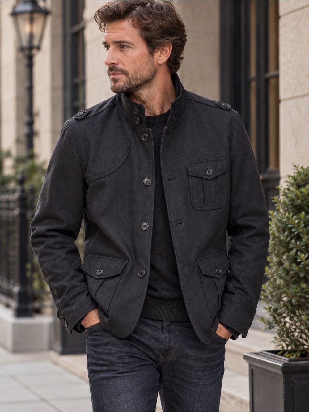 H&M Military Style Field Jacket Black Size 40R Wool Cotton Poly Front Pockets